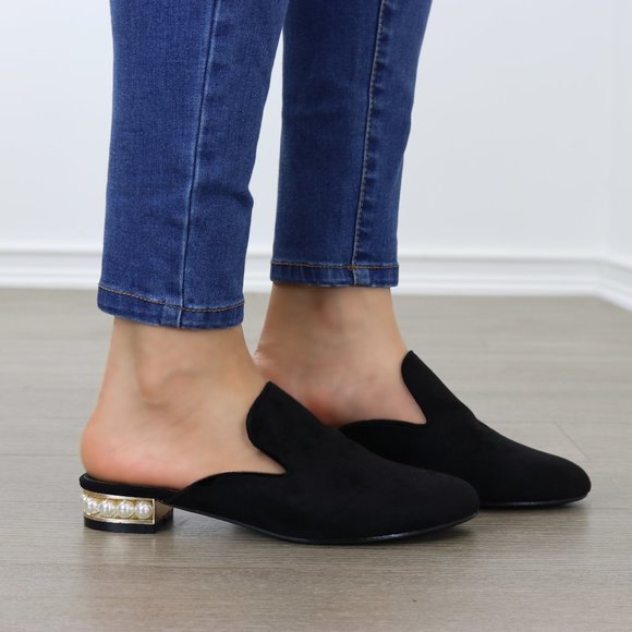 Suede Slip On Loafer Mule Pearl Accents on Heel - Picture 3 of 13